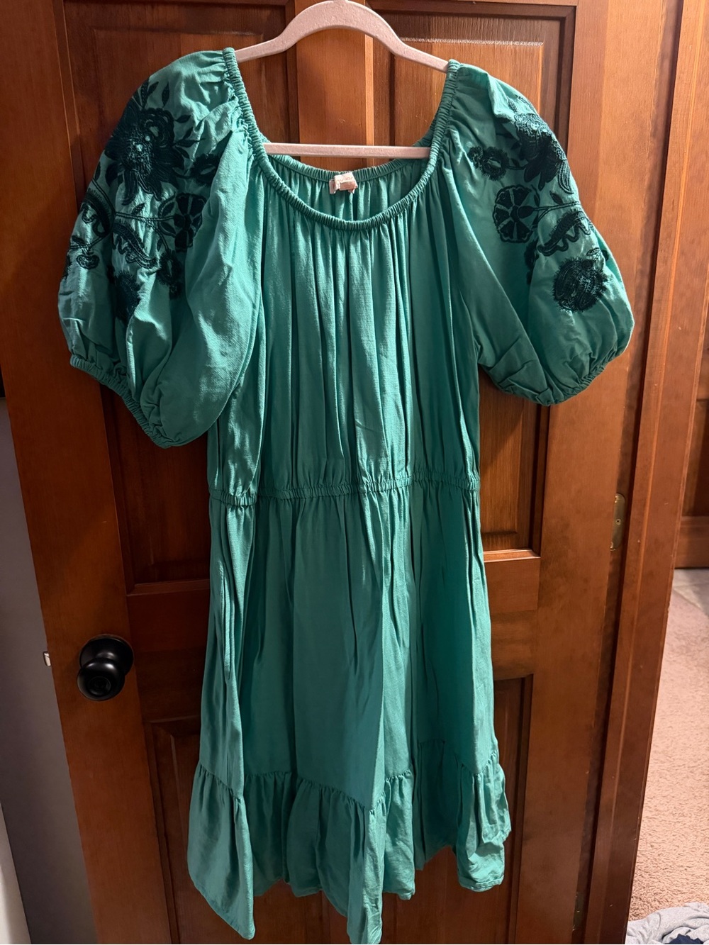 Teal Embroidered Puff-Sleeve Dress